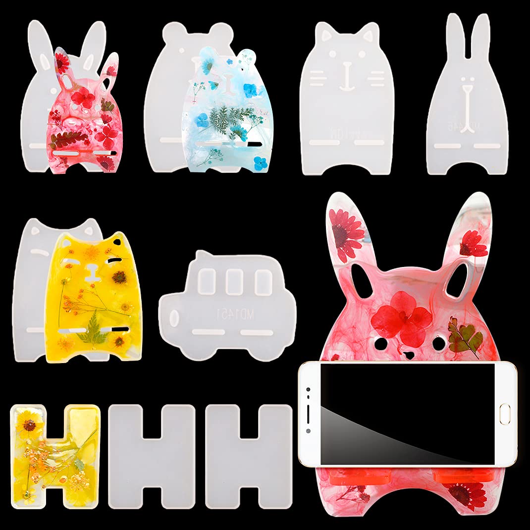 DIYBravo 9 PCS Phone Stand Resin Moulds 6 Styles Cell Phone Holder Silicone Epoxy Resin Moulds for DIY Craft Rabbit/car/Bear/cat Shape