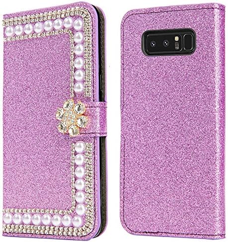 Samsung Galaxy Note 8 Case, Diamond Bling Shiny Shining [Extremely Sparkly] Luxury Jewel Crystal Girls Women Case Leather Wallet Flip Kickstand Case for Galaxy Note 8 (Flower-Purple)
