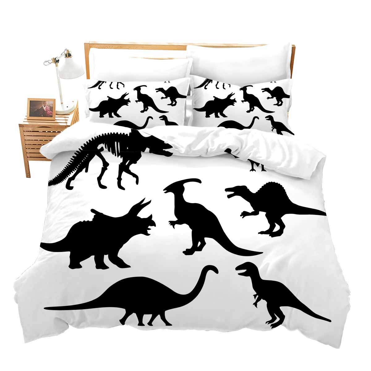 Loussiesd Animal Bedding Dinosaur Decor Duvet Cover Double Wildlife Theme Boys Teen Bedspread Cover Black Soft Style Quilt Set Decorative 3 Piece Bedding Set with 2 Pillow Case, Bright White