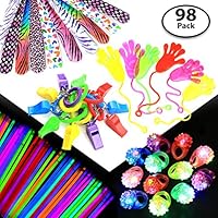 98-pcs Party Gift Favors Set for Kids - 50x Glow Sticks + 12x Whistles +12x Slap Bands + 12x Flashing Rings - Great Party Prizes for Birthday, Loot Bags, Classrooms, Grab Bags, Doctor Office