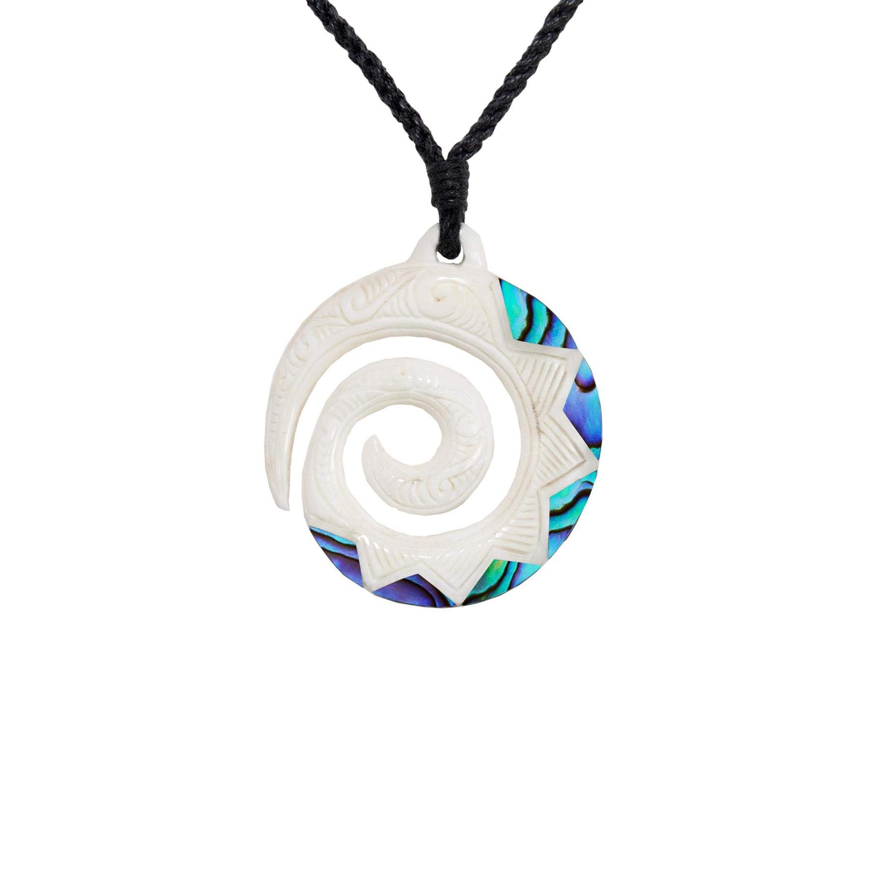 81stgeneration Hand-Carved Bone Koru Spiral Pendant with Paua Shell - Adjustable Cord Necklace for Men - Women's Maori-Style Amulet with Tribal Pattern Engravings - Statement Surfer Jewellery