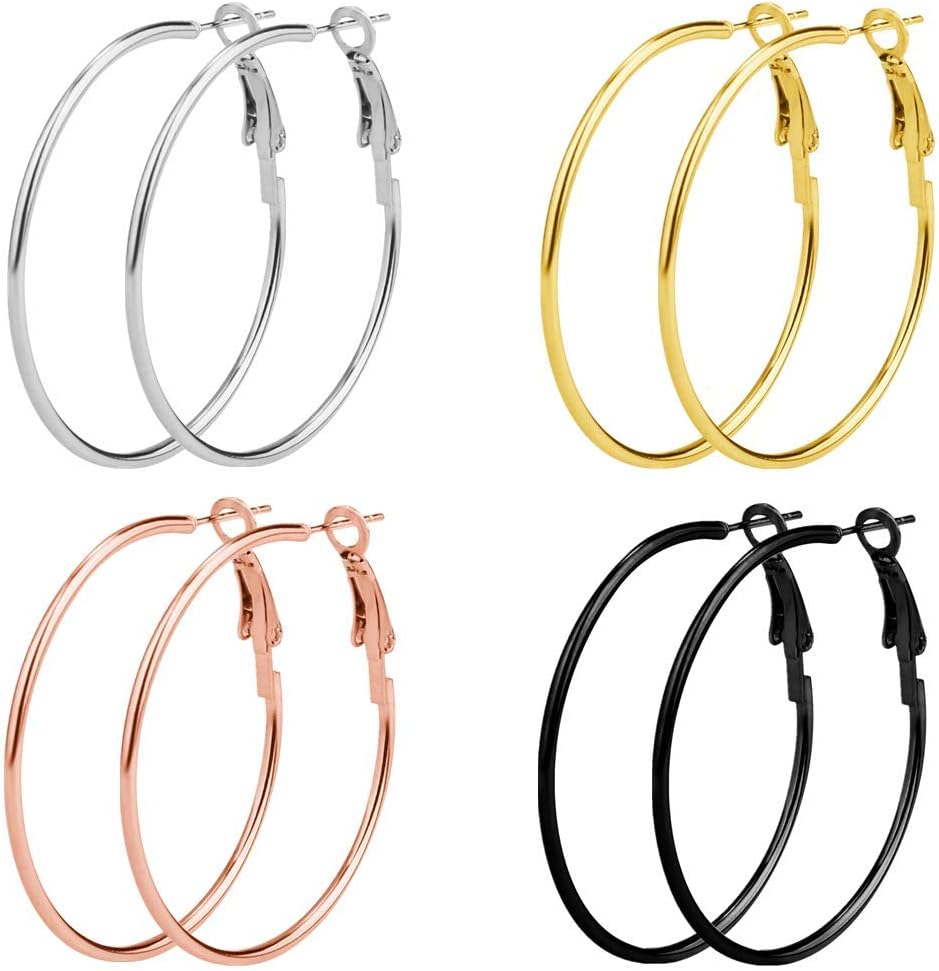 4 Pairs Stainless Steel Hoop Earring Sets for Women Girl Silver Rose Gold Black Gold, 40mm-60mm