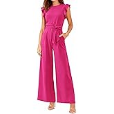 BTFBM Jumpsuits For Women 2026 Crew Neck Dressy Cap Sleeve Belted High Waist Wide Leg Romper One Piece Casual Outfits Pockets