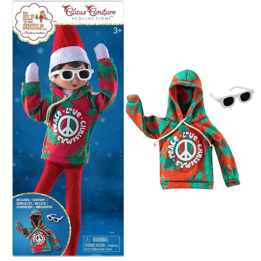 The Elf on the Shelf Claus Couture Groovy Greetings Hoodie Clothes Set for your Scout Elf - Accessories include Sunglasses and a Peace, Love, Christmas Graphic Hoodie Jumper Red