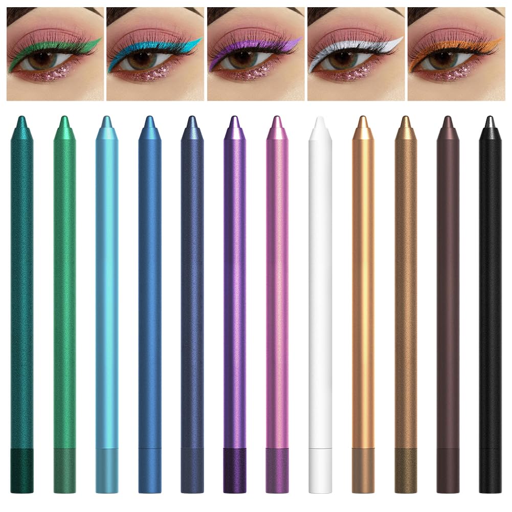 12 Colorful Eyeliner Pencils, Rainbow Colors, Matte Finish, Long-lasting & Waterproof, Smudge-Proof, Christmas & Masquerade Makeup (12PCS-Eyeliner Pencils)