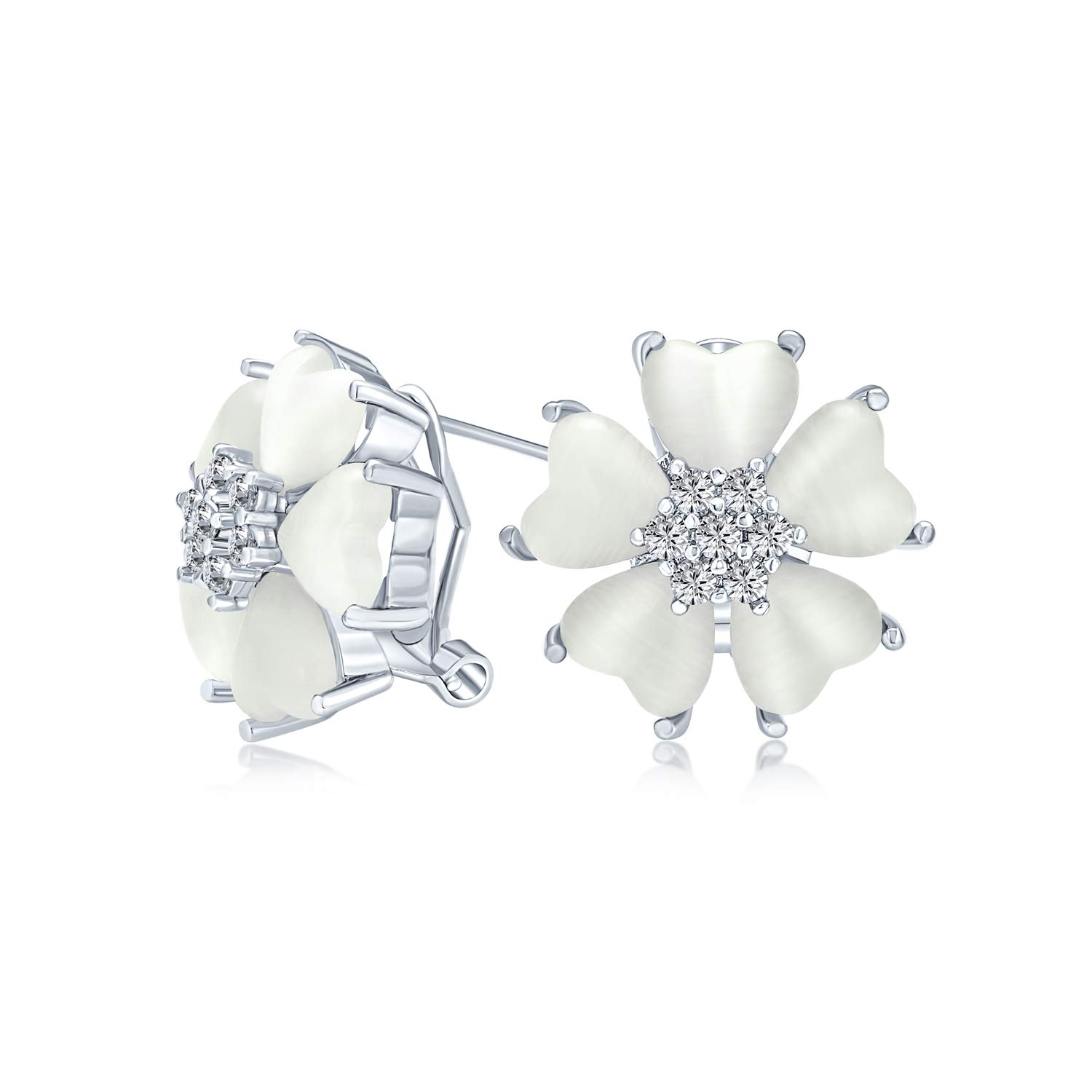 Romantic Cat Eye Gemstone Button-Style Heart-Shaped Petals Flower Stud Earrings with Omega Clip for Women Silver Plated
