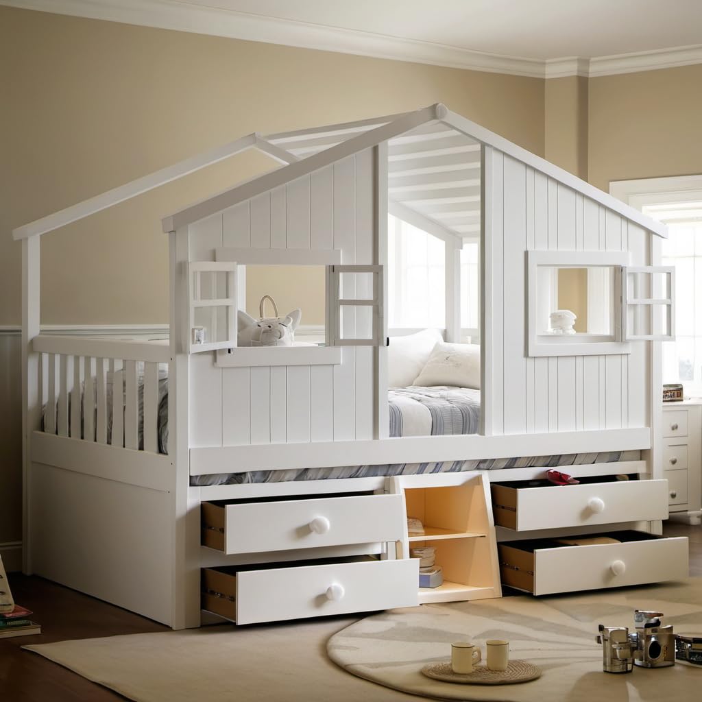 Photo 1 of ***PARTIAL SET*** PVWIIK Full Size Loft Bed with Storage Drawers & Roof,Kids House Bed Frame with Windows & Safety Guardrails for Kids,Girls,Boys,White