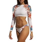 JadeRich Women Long Sleeve Crop Top Two Piece Cheeky High Cut Thong Bikini Swimsuit Floral Rash Guard Bathing