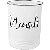 Home Acre Designs Vintage Farmhouse Utensil Holder - Stylish Countertop Organizer and Kitchen Decor Caddy - Stainless Steel Rim - White