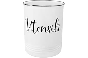 Home Acre Designs Vintage Farmhouse Utensil Holder - Stylish Countertop Organizer and Kitchen Decor Caddy - Stainless Steel Rim - White