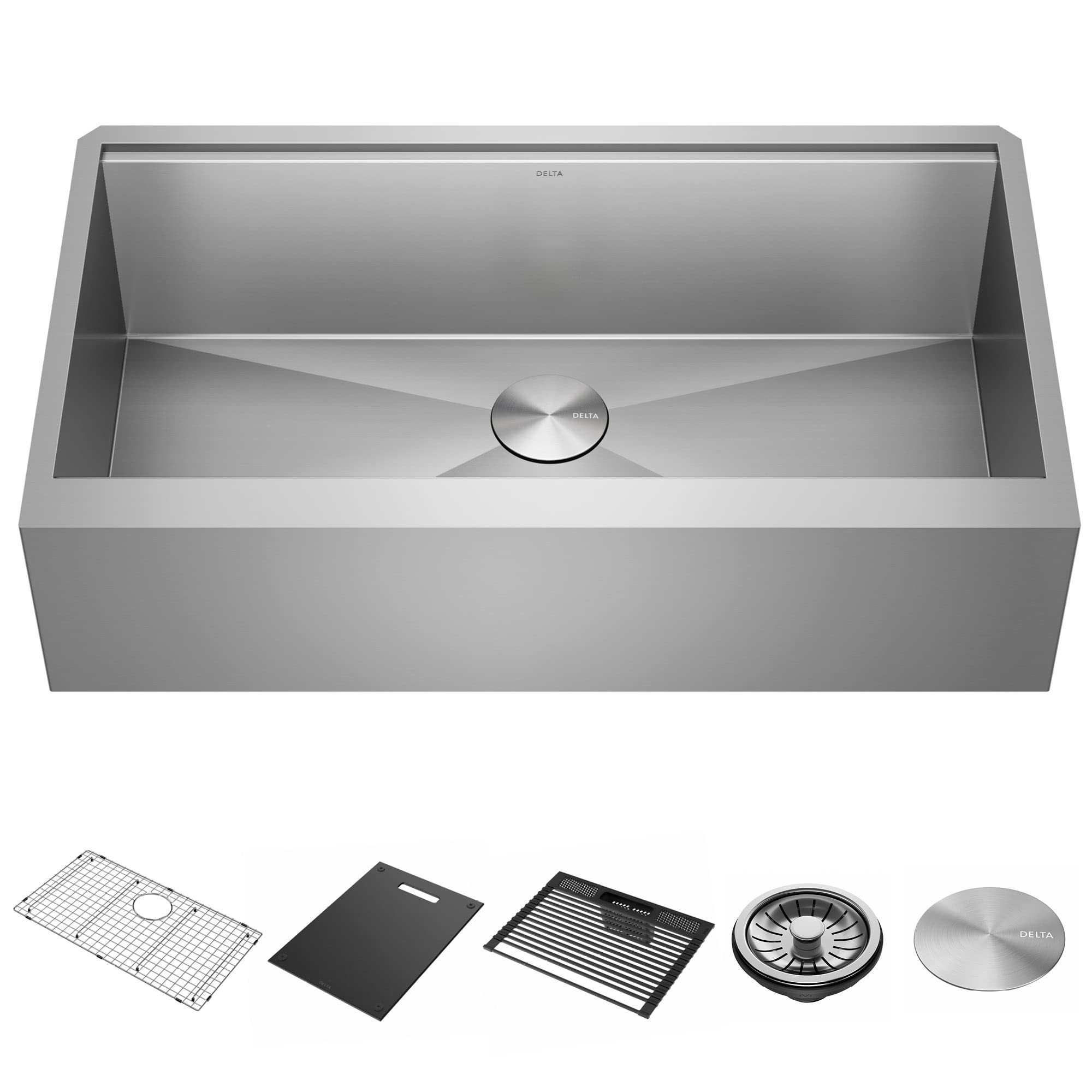 Photo 1 of DELTA FAUCET Rivet 36-inch Workstation Farmhouse Apron Front Kitchen Sink Undermount 16 Gauge Stainless Steel Single Bowl with WorkFlow Ledge and Kit of 5 Accessories, 95C9031-36S-SS