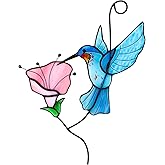 Wkyqes Handmade Stained Glass Hummingbird Suncatcher, Blue Bird with Pink Flower Window Hanging Decor, Art Glass Ornament, Unique Gifts for Mom, Bird Lovers & Home Decoration