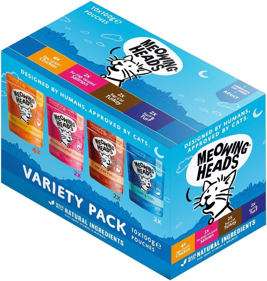 Meowing Heads Wet Cat Food - Variety Pack - 93% Natural Turkey, Chicken, Beef & Fish Pouches with No Artificial Flavours, Grain-Free Recipe (10 x 100g)