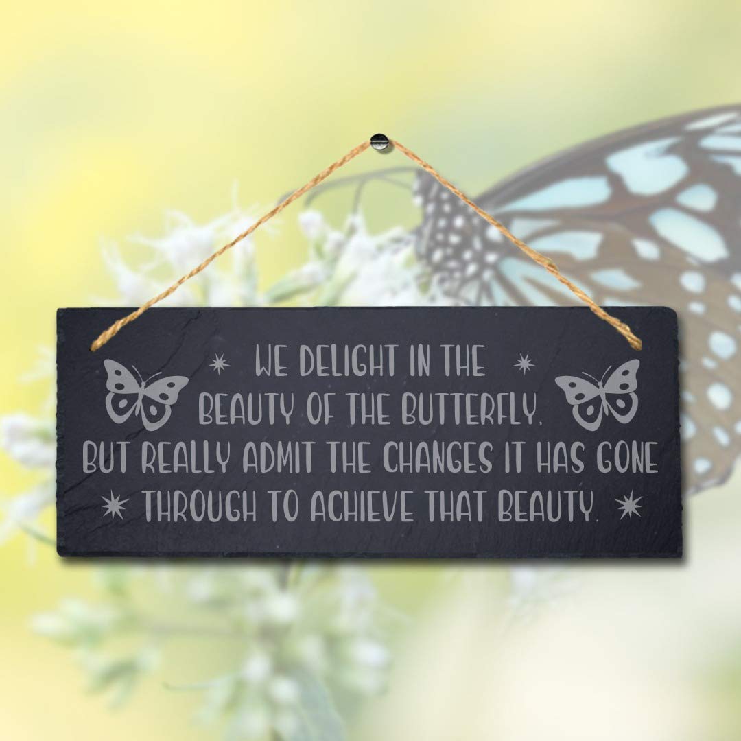 Stukk Welcome Butterfly Effect On Yard Growing Finding Hope Hanging Garden Sign (Delight in The Beauty), Natural Engraved Slate Stone Plaque, 30x12cm (Large)