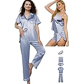 Womens Satin Silk 5Pcs Set Pajamas Sexy Cami Sets Silky Pajama Sets Sleepwear Lingerie Nightwear Pjs Loungewear