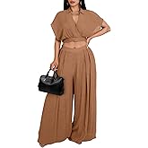 Lounge Sets for Women Two Piece V Neck Crop Top Flowy Pants Set Vacation Travel Summer Outfits