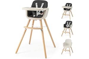 HONEY JOY Baby High Chair, 6-in-1 Eat & Grow Wooden Highchair/Toddler Chair with Removable Tray, 5-Point Harness, PU Cushion 