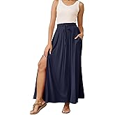 HERBATOMIA Women’s Maxi High Elastic Waisted Skirt Flowy A-Line Split Hem Beach Long Skirts for Women with Pockets