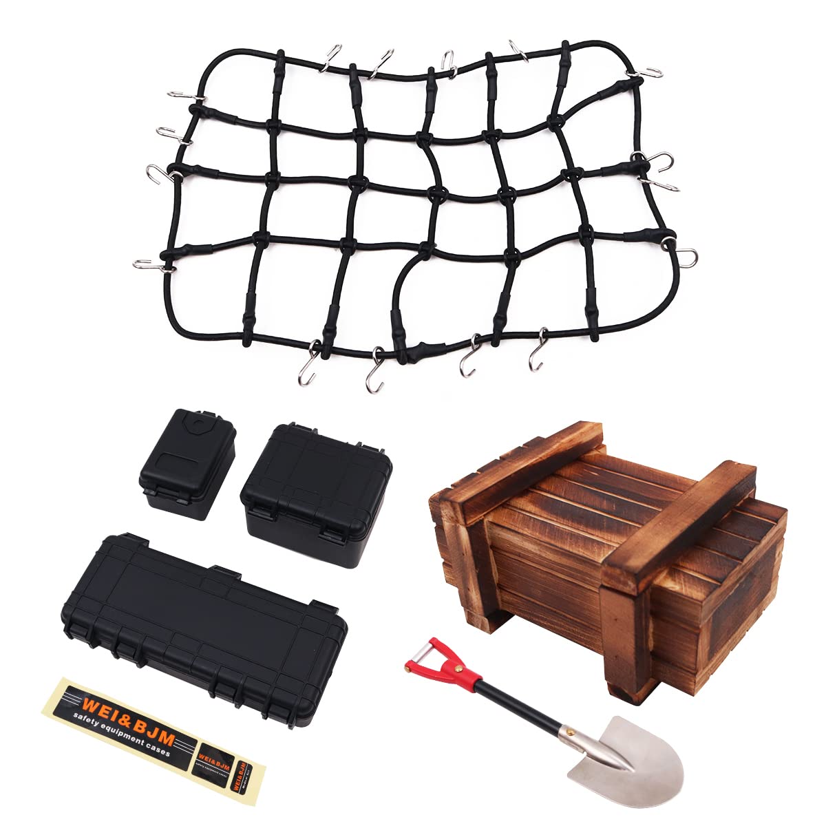 WANGCL 6PCS Remote Control Car Roof Rack Accessories with Cargo Net Mini Black Toolbox Wooden Box Shovel for 1/10 RC Car RC Crawler Monster Trucks Compatible with TRX4 SCX10/D90