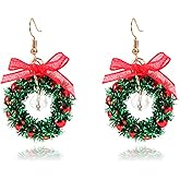 MALOYANVE Christmas Wreath Earrings for Women Xmas Elegant Handmade Tassel Bow Jingle Bell Lightweight Dangle Earrings Festival Jewelry Holiday Accessory