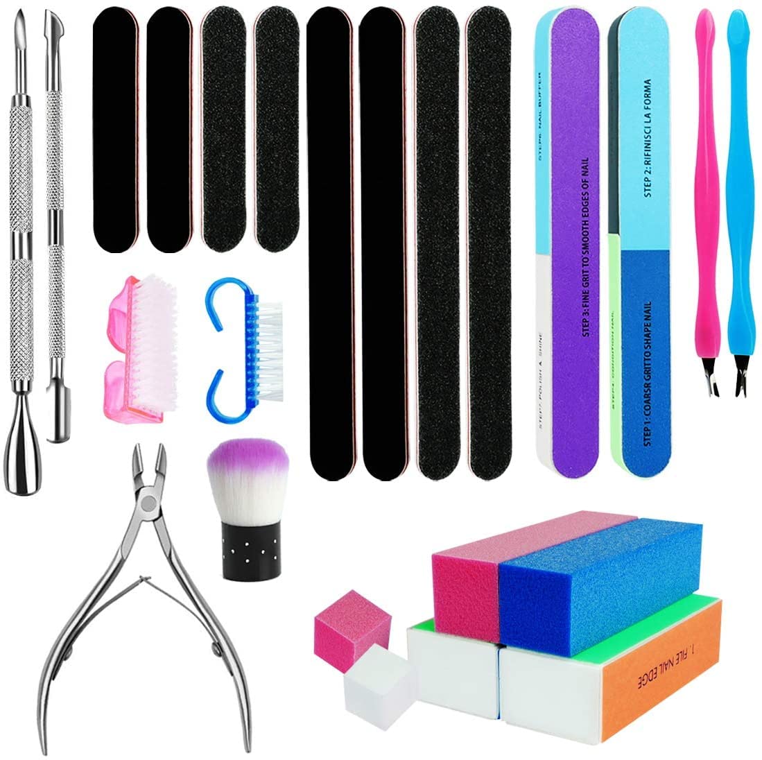 24 PCS Nail File Set, 7 Way Buffer Block, Nail File, Cuticle Nipper, Pusher, Nail Scrubbing & Dust Brushes for Dead Skin, Trimming & Polishing
