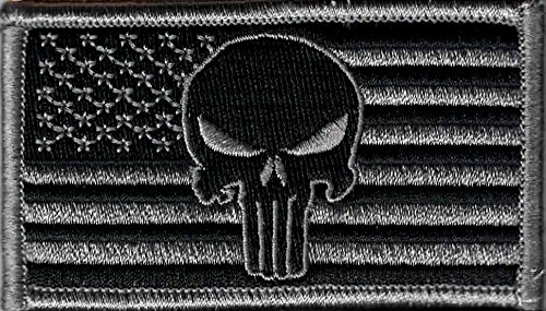 Punisher Tactical Patch with American Flag 3-1/4 inch x 1-13/16 inch, Gray/Black
