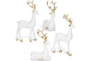 Thyle 4 Pcs Christmas Reindeer Decor Small Resin Standing Sitting Deer Figurine Mini Reindeer Christmas Table Decoration for Home Indoor Xmas Holiday Small Statue Rustic Table Decor(White, Gold)