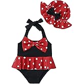 Kucnuzki Baby Girl Swimsuit Newborn One Piece Bathing Suit Bow Tie Bikini Tankini Infant Swimwear with Hat