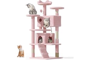 OS MOTOR 54" Cat tree Tower for Indoor Cats Large Adult,Cute/Tall Modern Cat Tree for Big Cats 20 lbs,Plush Multi-Level Cat Condo with Scratching Posts, Dangling Ball for fun play (Soft Pink, 54 inch)