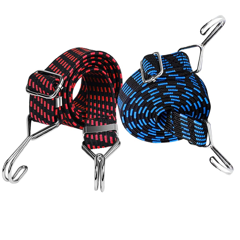 HSS Bungee Cords with Hooks, 2 Pack Adjustable Bungee Cord Extra Long Flat Elasticity Rope Heavy Duty Rubber Elastic Straps,for Bicycles Camping Car Roof Rack Strap Tarpaulin Fixings, Red, M, (GW147)