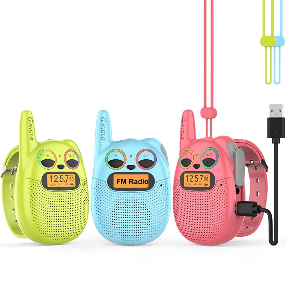 QNIGLO Walkie Talkies for Kids 3 Pack, Rechargeable Long Range 2 way Radio PMR446 Walky Talky for Girls Boys with Wearable Straps VOX Function - Gift for Age 8-12 Outdoor Camping Games Birthday
