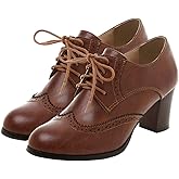 SHEMEE Women's Chunky High Heels Wingtip Oxfords Round Toe Lace Up Stacked Block Heel Vintage Brogues Pumps Shoes
