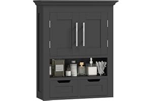 kleankin Bathroom Wall Cabinet, Medicine Cabinet with Open Compartment, Adjustable Shelf and 2 Drawers, Double Door Wall Moun