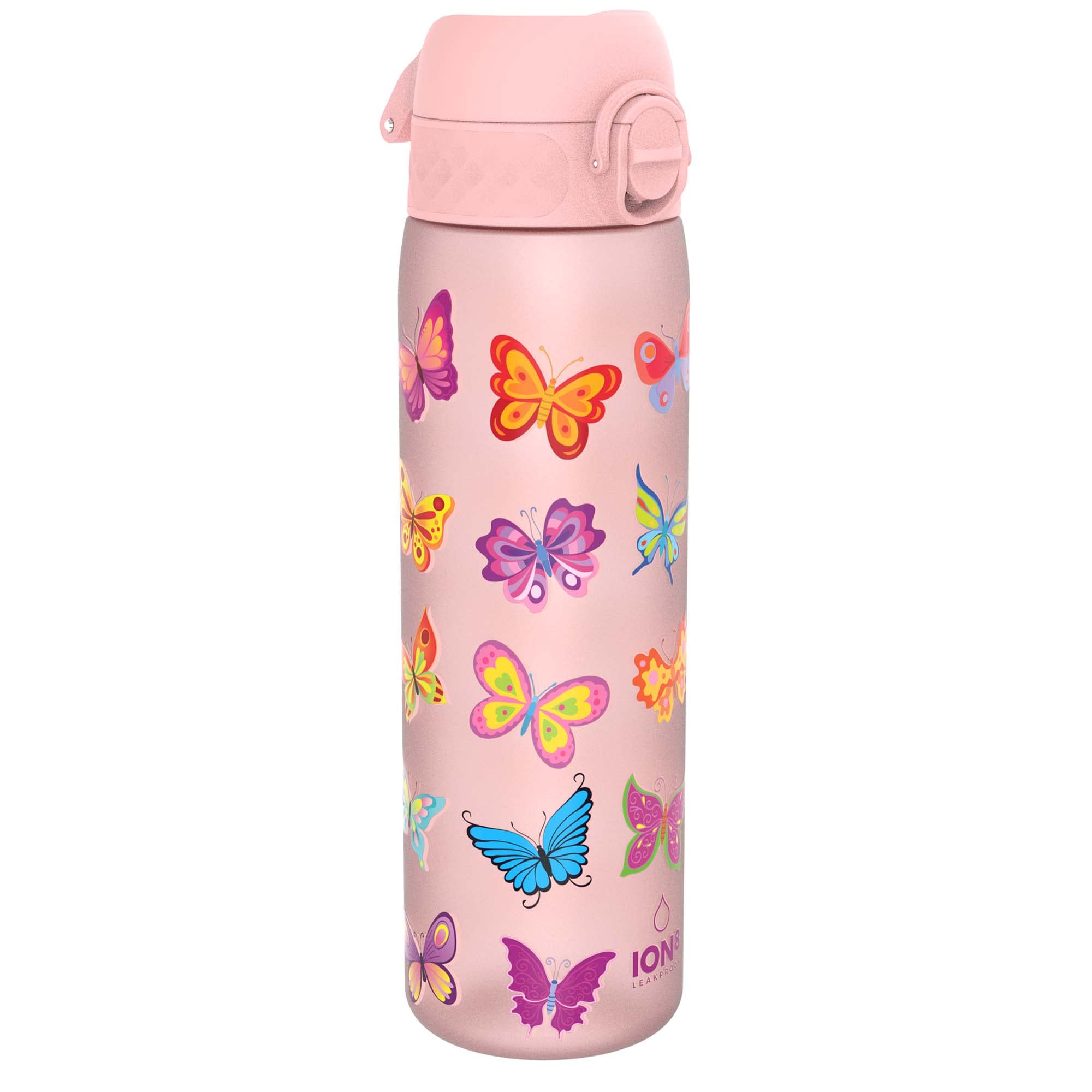 Ion8 Water Bottle, 500ml / 18oz, Leak Proof, One-Finger Open, Dishwasher Safe, BPA Free, Flip Cover, Carry Handle, Spill-free On-The-Go, Easy Clean Carbon Neutral Recyclon, Pink, Butterflies