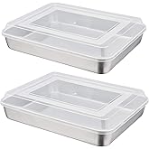 P&P CHEF Stainless Steel Baking Pan with Lid, Rectangular Cake Pans, Sheet Pan Bakeware for Baking Lasagna Brownies, 2-Inch Deep Side & Heavy Duty, Easy to Store & Clean (12.3", 4Pcs)