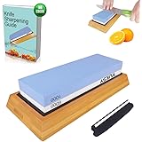 Premium Knife Sharpening Stone Kit, 2 Side 1000 & 6000 Grit Whetstone, Kitchen Blade Sharpener Stone, Non-Slip Bamboo Base & Bonus Angle Guide Included for Chef, Kitchen, Pocket Knife by YUKSY