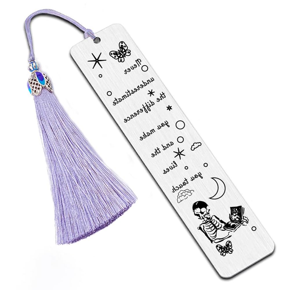 UNICRAFTALE 1pc Inspirational Stainless Steel Skull Bookmarks Never Underestimate The Difference You Made and The Lives You Touched Metal Engraved Skeleton Bookmark with Tassel