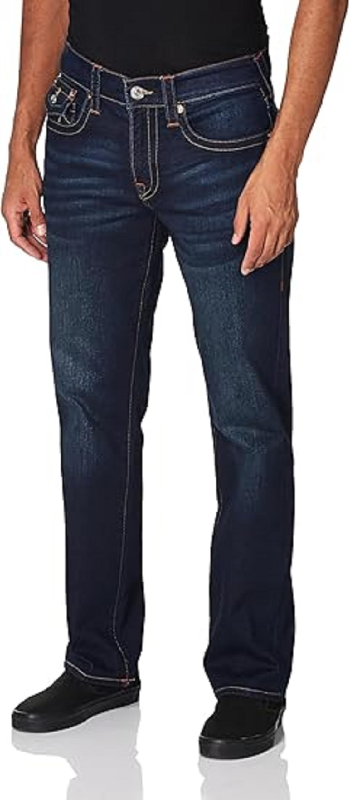True Religion Men’s Ricky Straight Leg Jeans with Back Flap Pockets – Mens Jeans, Dark Wash Muddy Waters, 32 Image