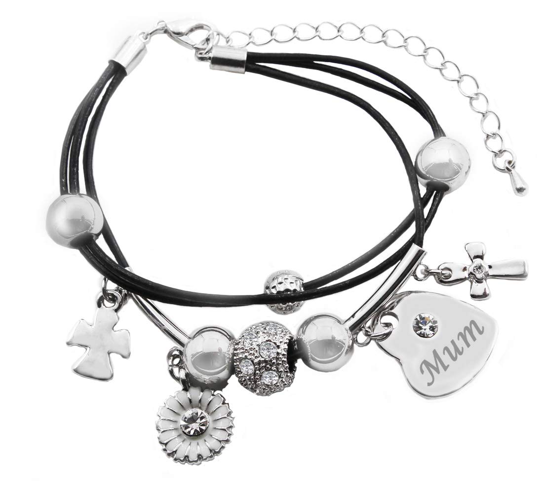 Kigu Mum Name Bracelet - Genuine Leather Multi Strand Bracelet & 18K White Gold Plated Engraved Heart Charm