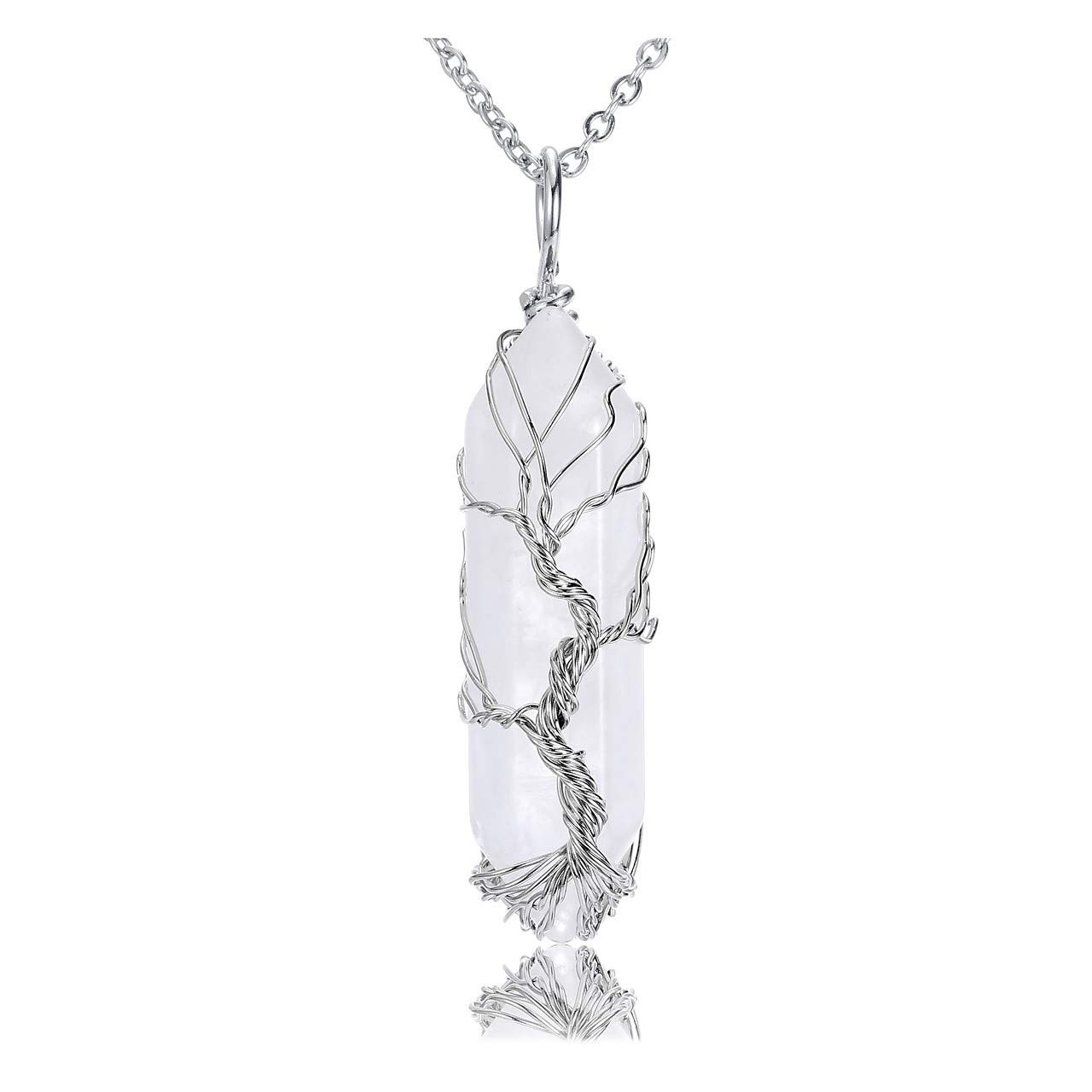 JOVIVI Tree of Life Clear Quartz Crystal Pendant Necklace Silver Wire Wrapped Gemstone Healing Point Chakra Quartz Necklace for Women Men