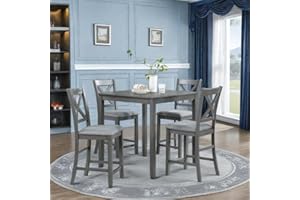 ChicFurnit Dining Table Set for 4, Counter Height Kitchen Table with Square Table Top, Dining Table with 4 Upholstered Chairs for Living Room, Dining Room, Guset Room, Easy to Assemble, Gray