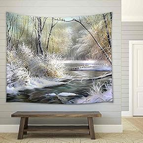 Winter Landscape with The Wood River - Fabric Wall Tapestry Home Decor - 51x60 inches