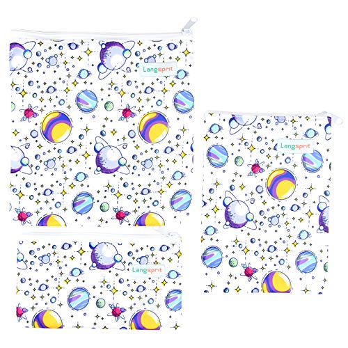 Langsprit Premium Reusable Sandwich & Snack Bags- Eco Friendly Dishwasher Safe Lunch Bags - Set of 3 - (Planet)