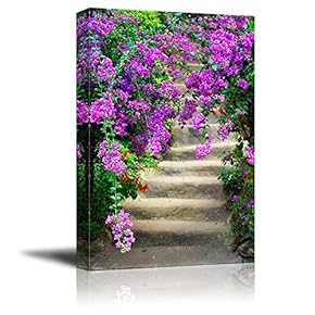 Beautiful Dreamy Colorful Flowers in Blossom and Old Garden Stairway - Canvas Art Wall Art - 12" x 18"