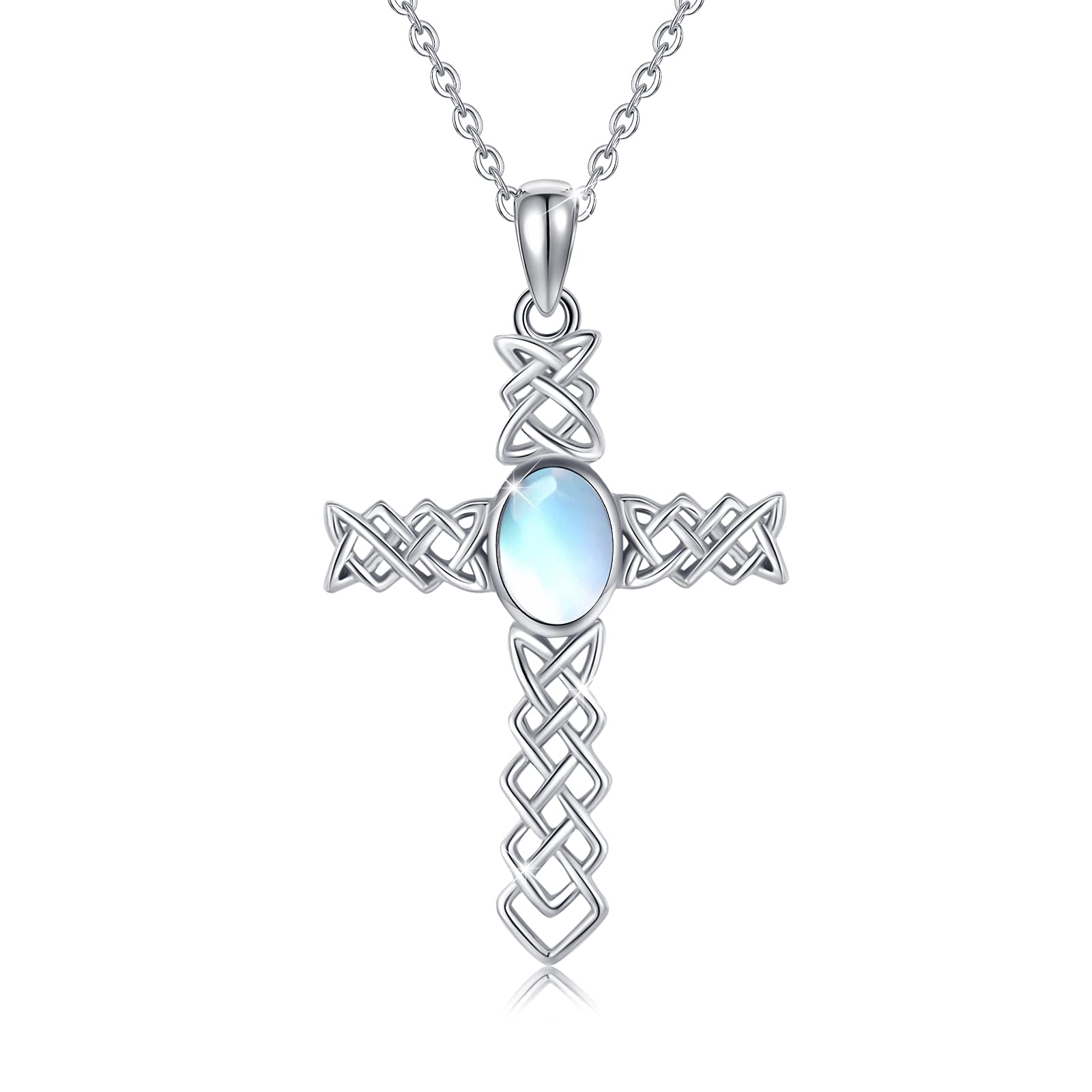 CUOKA MIRACLE Moonstone Necklace 925 Sterling Silver Celtic Cross Necklace Rainbow Moonstone Jewellery Valentine's Day Gifts for Women Girls Mom Grandmother Daughter Friends