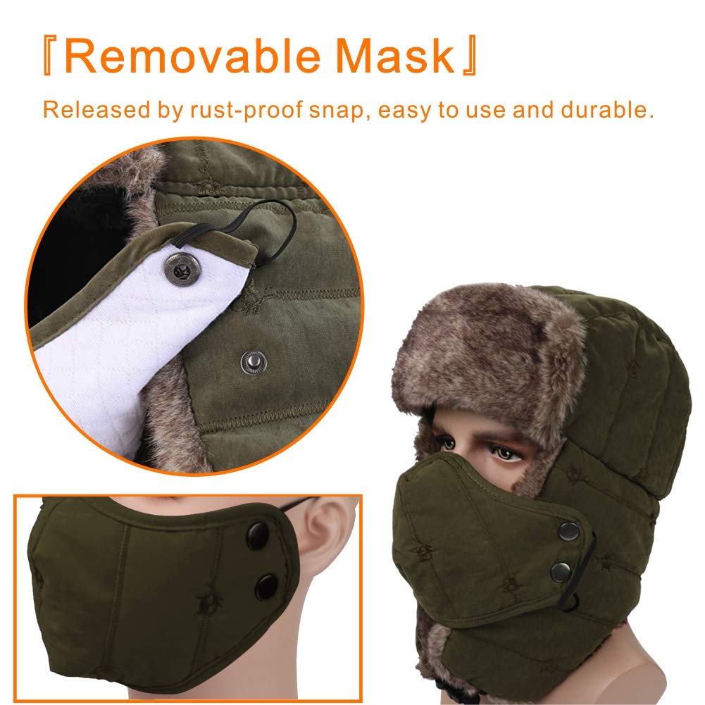 Winter Trapper Hat for Men Women Warm Ushanka Aviator Russian Windproof Hat with Mask,Army Green