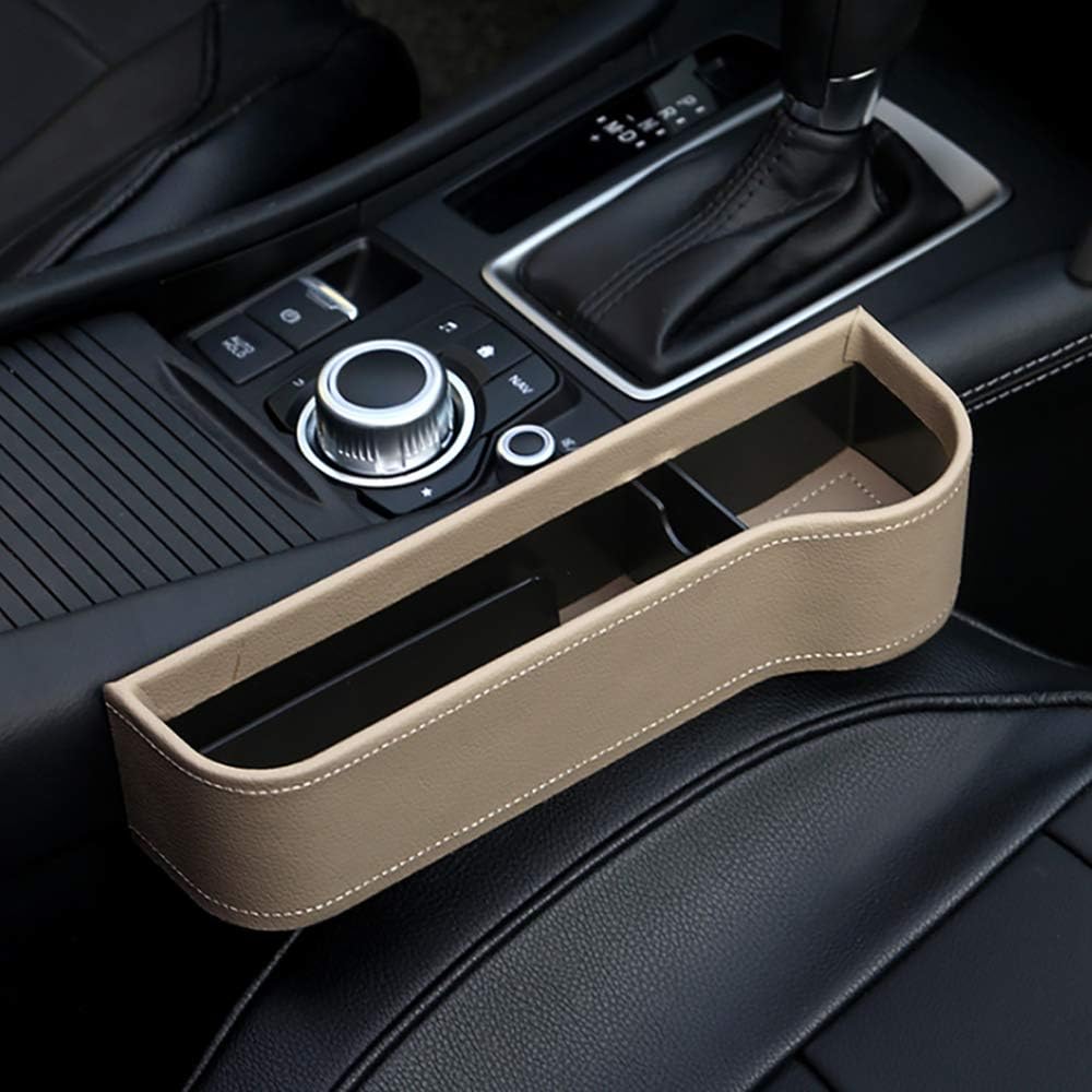 Car Seat Organizer Gap Filler Pocket with Leather Cover | Portable Universal Multifunctional Car Cup Holder Wedge Gap Catcher Caddy Stopper Storage Box for Keys Cards Wallets (Off-White - Right)