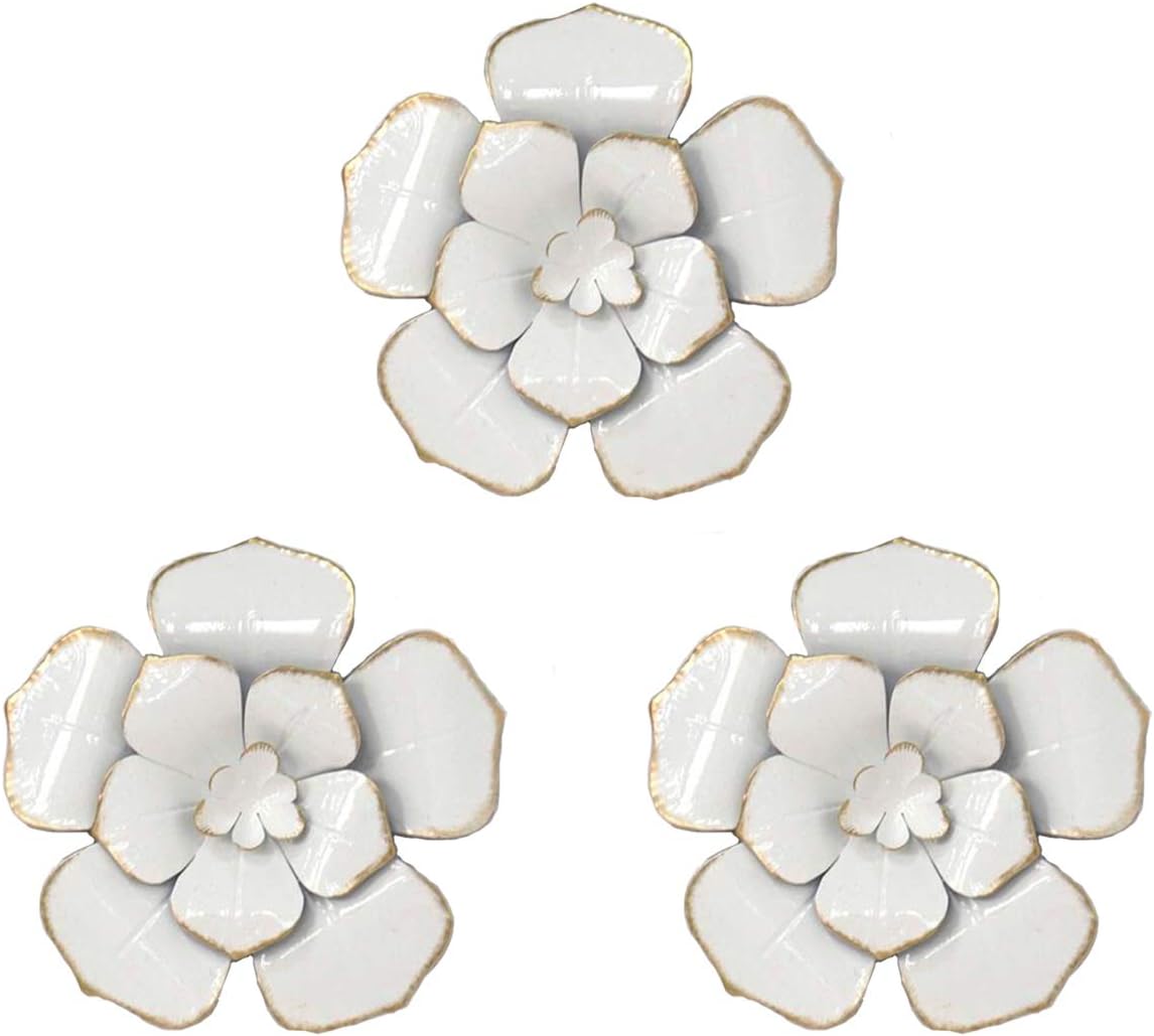 Plaques & Wall Art - SQshun 6 Inch Multiple Layer Flowers Metal Wall Art Decor for Outdoor Home Garden,Bedroom,Living Room,3 Packs(White)