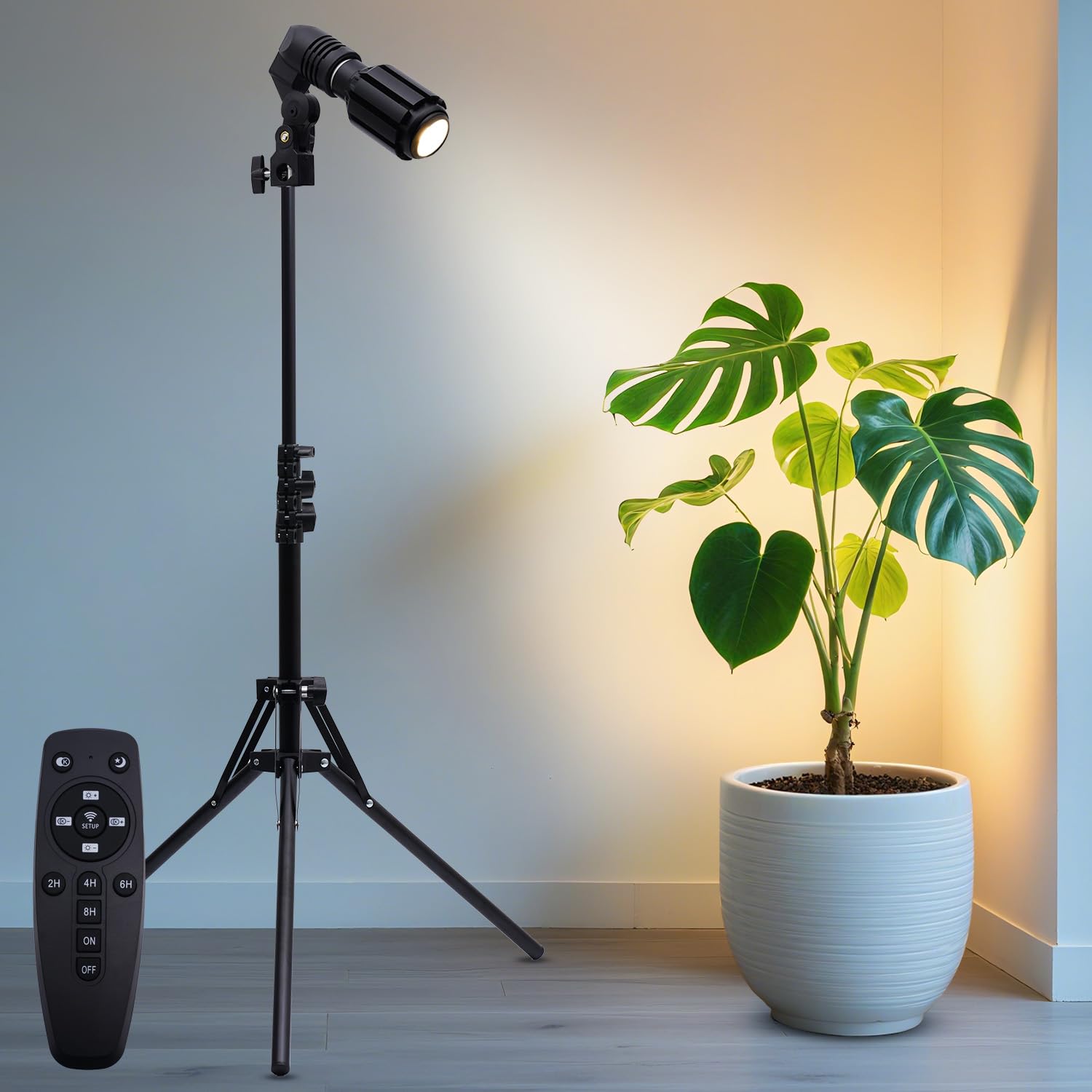 Photo 1 of XINCLING Spot Lights Indoor Tall, 22-63.5” Adjustable Tripod & 10W E26 Replaceable 15° to 60° Zoomable Floor Spotlight Indoor, Dimmable 6000K Up Light with Remote, Aluminum Plant Grow Light, Black