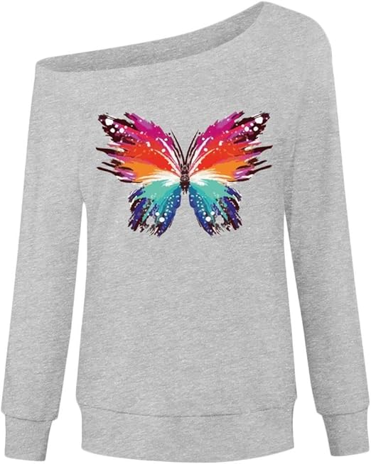 Colorful Bling Butterfly Women Sweatshirts, Pretty Round Neck Long
